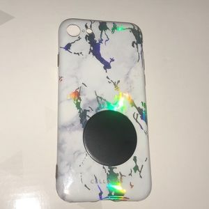 iPhone 7/8 holo marble with matte black pop socket